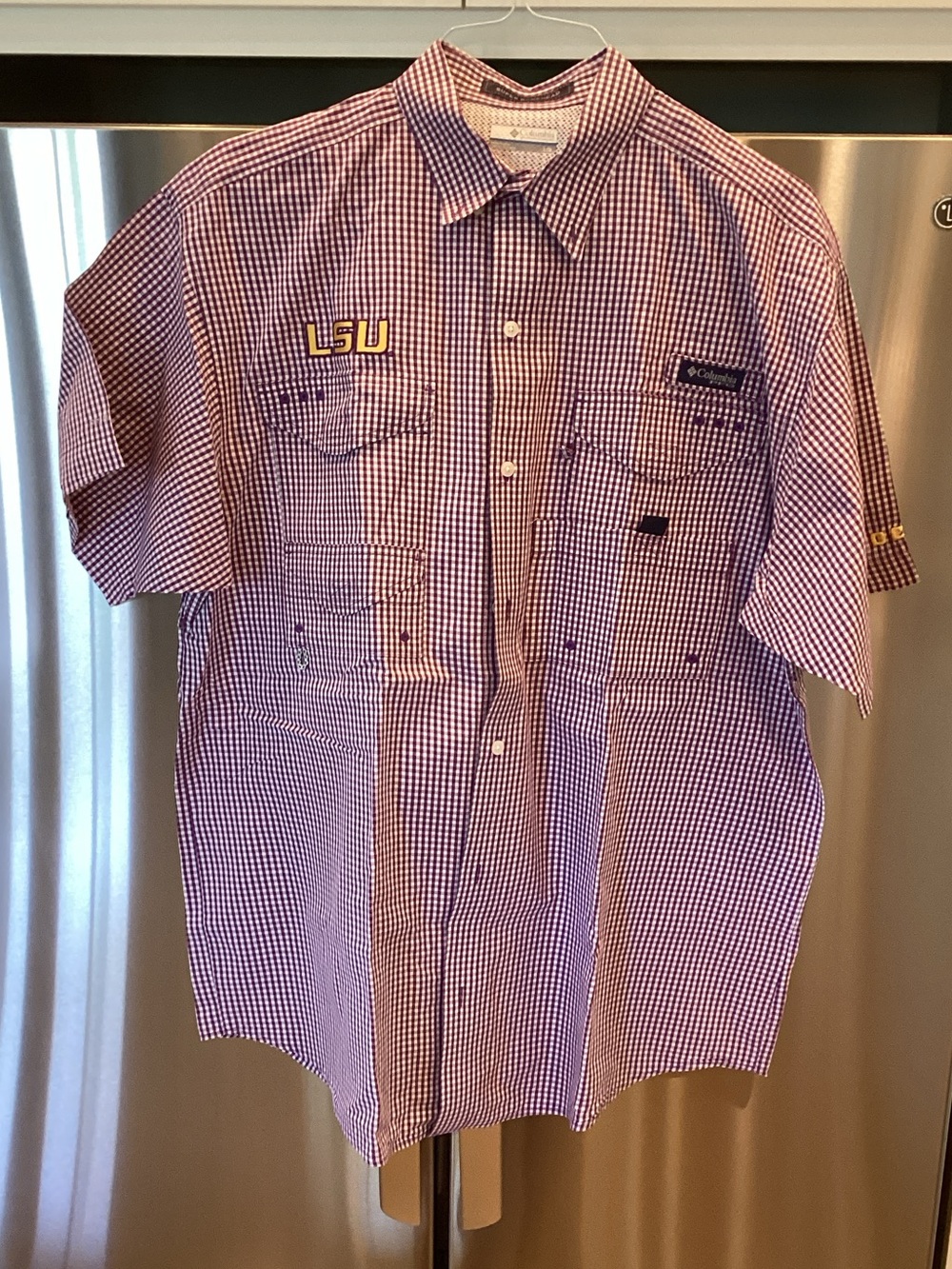 Columbia Men’s Purple Gingham Short-Sleeve Button Down Shirt with LSU Logo